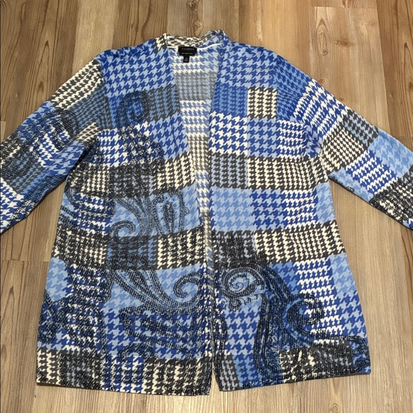 Talbots Merino Wool Open Front Cardigan Blue Gray Hounds Tooth Paisley Womens XL - Picture 2 of 9